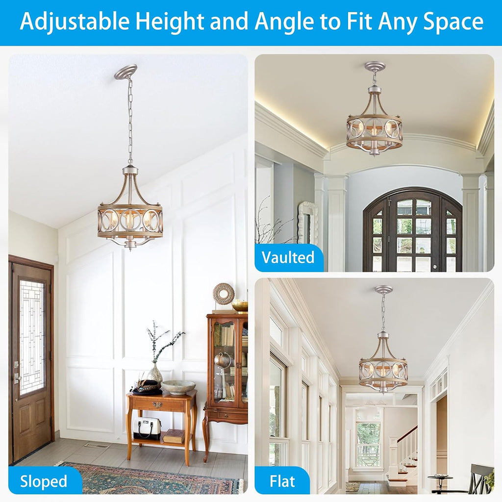 XINGQI 12.6' Modern Farmhouse Chandeliers Round 3-Light Dining Room Light Fixture Over Table Metal Drum Pendant Hanging Lamp Brushed Nickel and Wood Grain Finish for Entryway Bedroom Kitchen