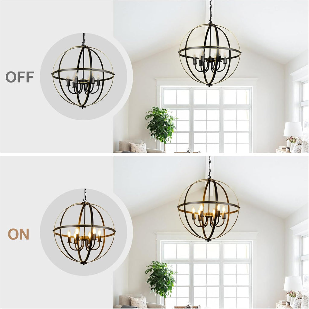 DLLT 6-Light Orb Chandelier, Black and Gold Globe Pendant Lights, Industrial Sphere Pendant Lighting Over Island, Adjustable Hanging Light with Metal Cage for Dining Room Foyer, E12 Bulbs Not Included
