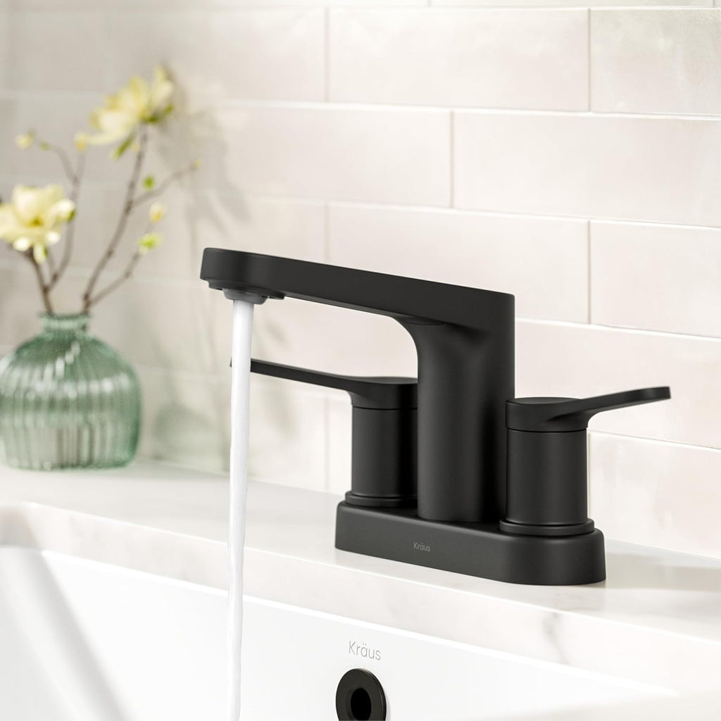 KRAUS Indy Centerset Bathroom Faucet in Matte Black with 2 Handles, Pop Up Drain and Supply Lines, FUS-14102MB