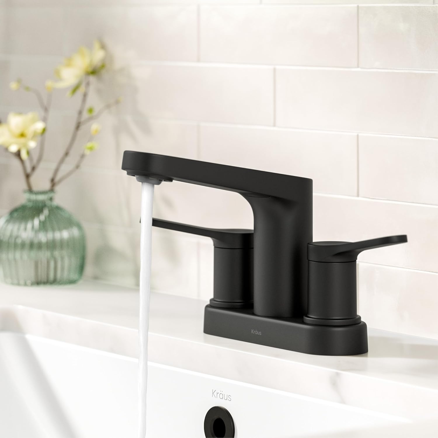 KRAUS Indy Centerset Bathroom Faucet in Matte Black with 2 Handles, Pop Up Drain and Supply Lines, FUS-14102MB
