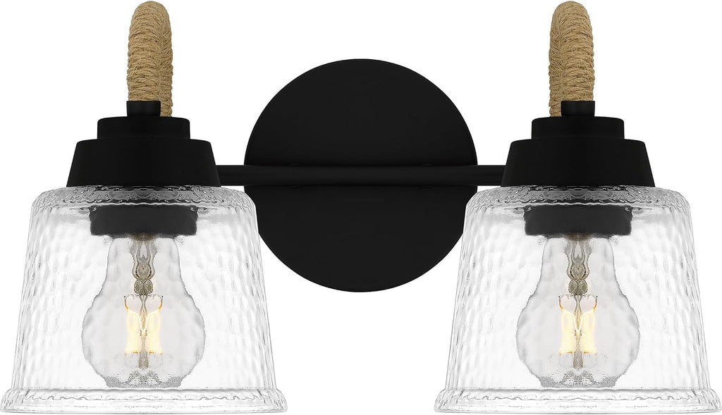 Quoizel Seabreeze Bath Vanity Lights,15 Inch 1-Light Matte Black Coastal-Inspired Lighting Fixtures Over Mirror, Clear Hammered Glass, 100W, Transitional Wall Light for Bathroom, Dresser or Sink