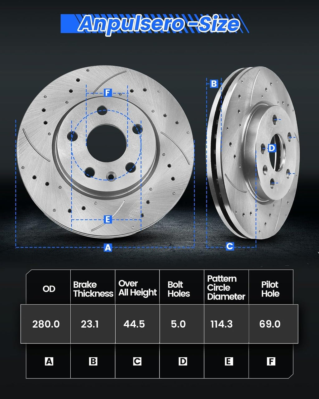 Anpulsero Automotive Replacement Brake Kits Front Brake Pads and Rotors Kit Compatible with Hyundai Elantra 2017-2020, Brakes and Rotors Anti-rust Oil Protected 31584 D1912-9143 Brake Kit 280mm（11in）