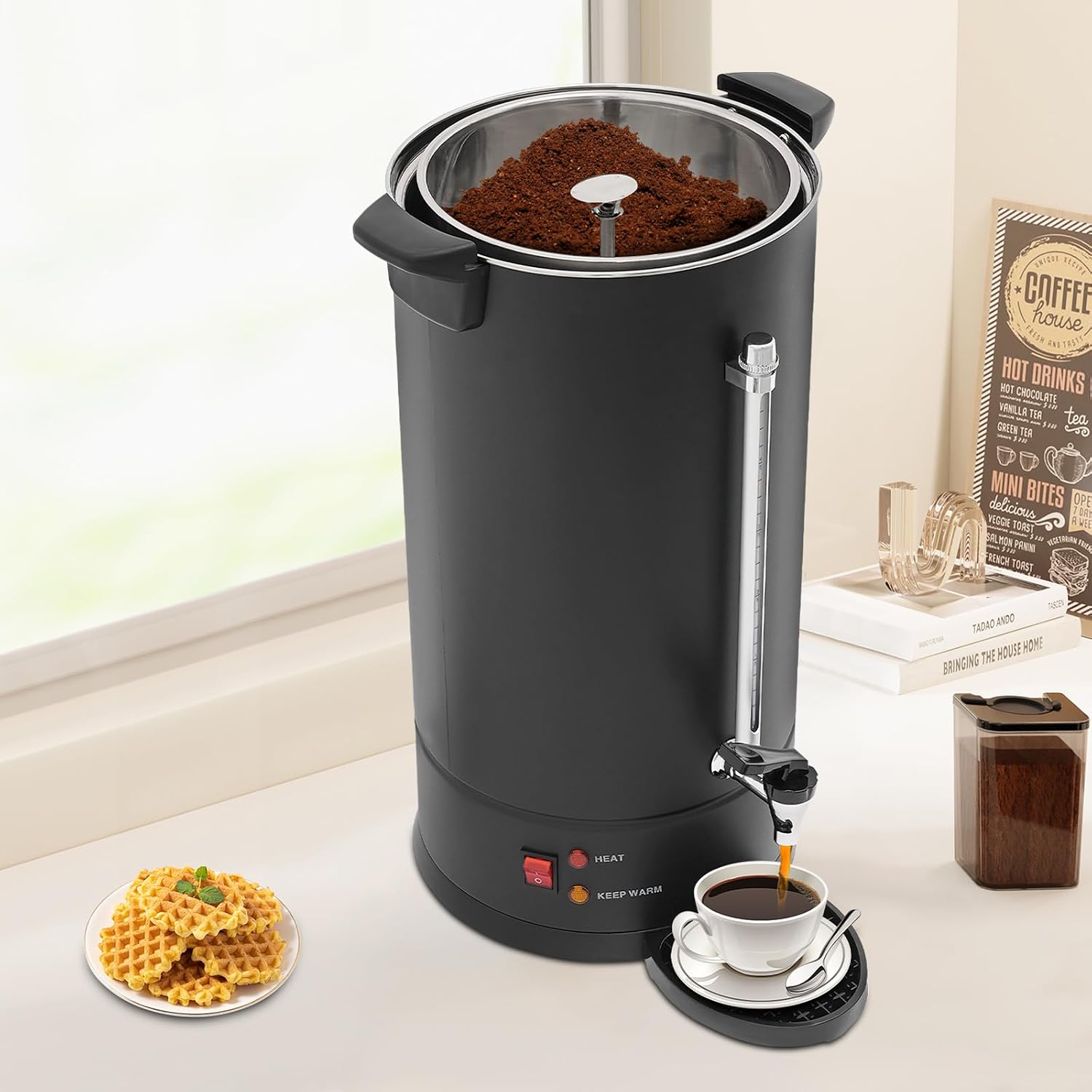 Commercial Electric Coffee Pot 25L Stainless Steel Coffee Urn, Hot Water Dispenser with Drip Tray for Cafes Offices, Black Coffee Maker No Temperature Control, Large Capacity Beverage Dispenser