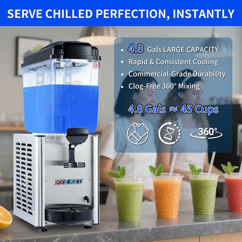 Commercial Beverage Dispenser, 18L (4.8 Gal), Refrigerated Juice Machine, 304 Stainless Steel Cold Iced Tea Cooler for Restaurant, Cafe, Buffet & Party