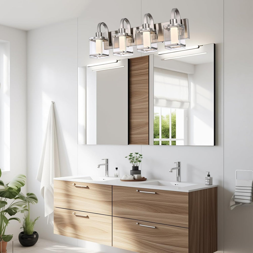 TODOLUZ 4-Light Bathroom Vanity Light,Brushed Nickel LED Modern Wall Light with 5 Color Modes LED Bathroom Light Fixture with Frosted Column and Clear Glass Shade Vanity Lights