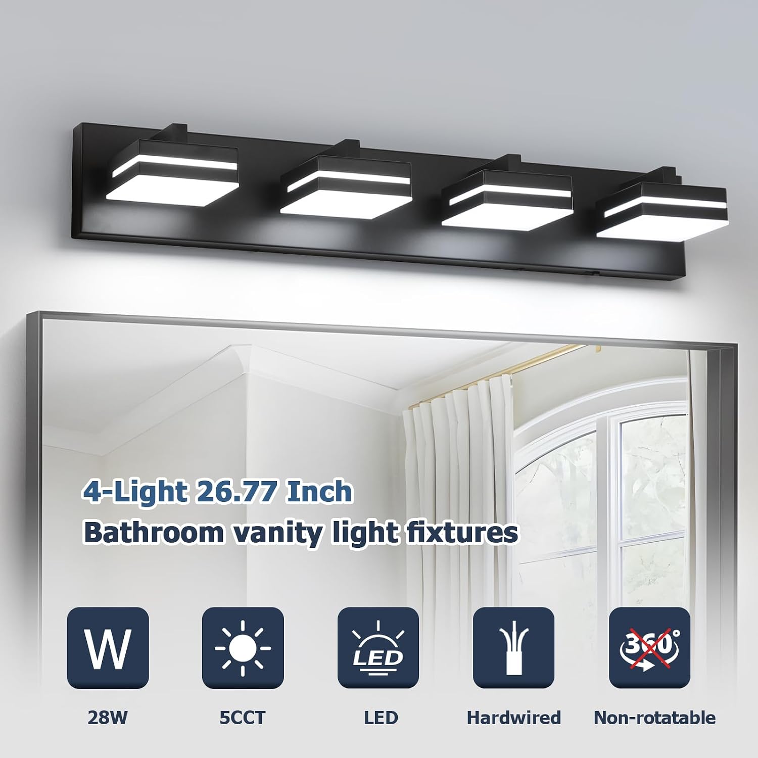 Joossnwell Bathroom Light Fixtures Over Mirror Black Vanity Lights (4-Light, 26.77-Inch) Dimmable 5CCT Modern Bathroom Vanity Lighting Led Bath Light Wall Scones