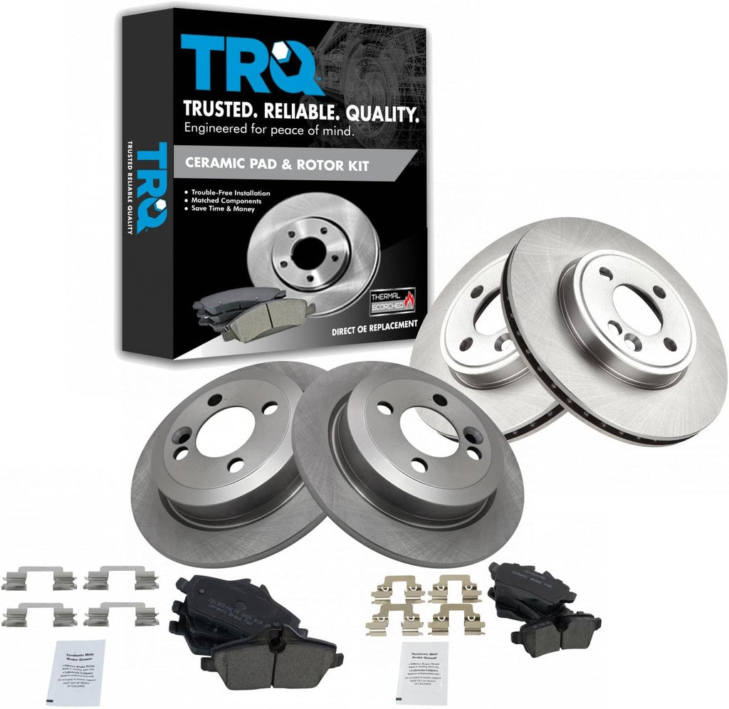 TRQ Front and Rear Brake Pad and Rotor Set Ceramic Vented Solid Rotors Compatible with 2007-2015 Mini Cooper