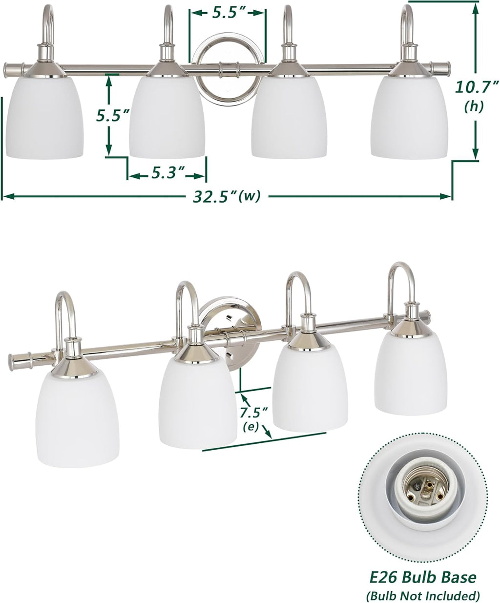 4-Light Polished Nickel Bathroom Vanity Light Fixtures Over Mirror, Vintage Vanity Lights for Living Room, Milk White Glass Shades, Standard E26 Base