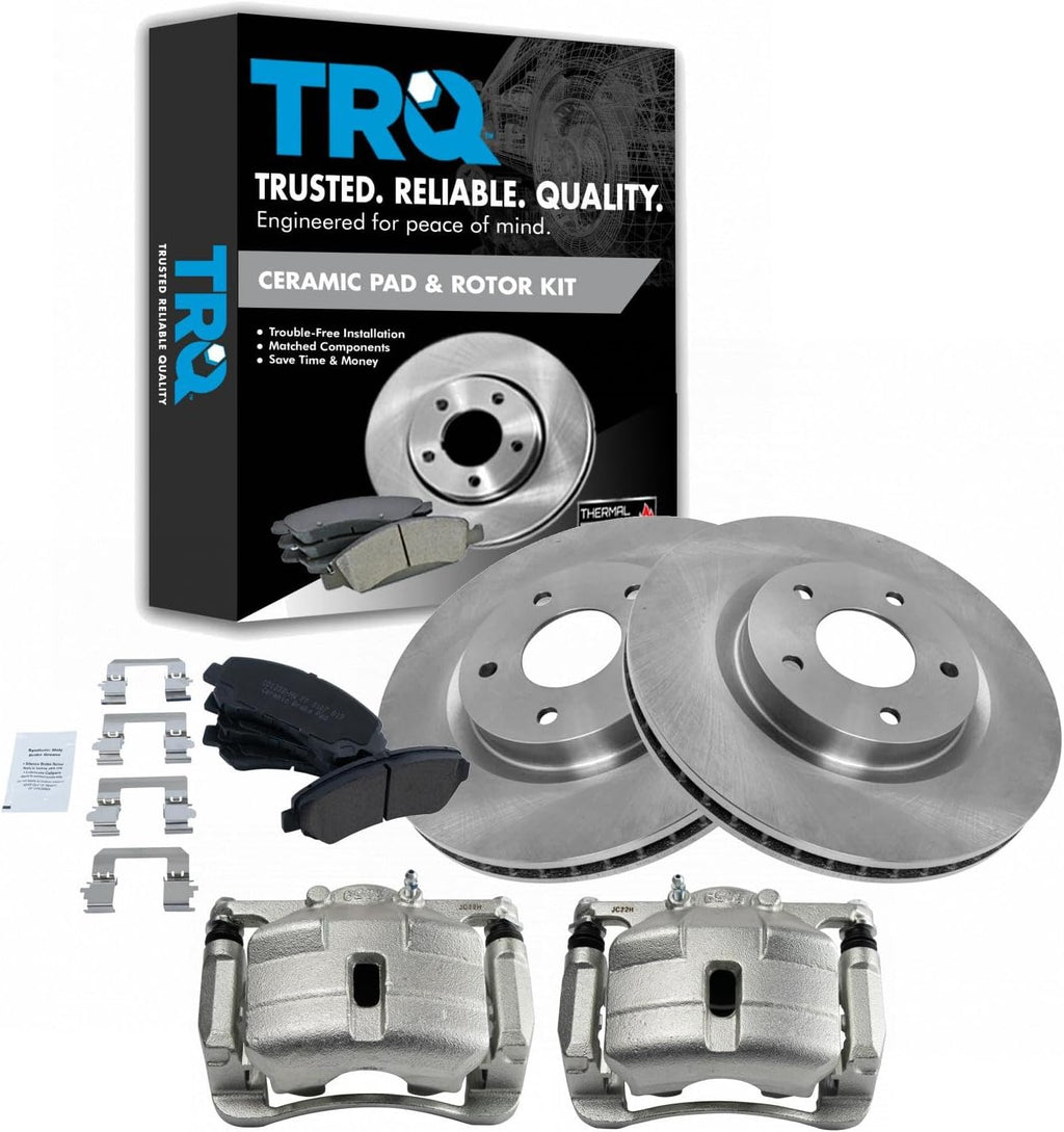 TRQ Front Ceramic Brake Pad and Rotor Set Includes Calipers Compatible with 2008-2013 Nissan Rogue 2014-2015 Nissan Rogue Select