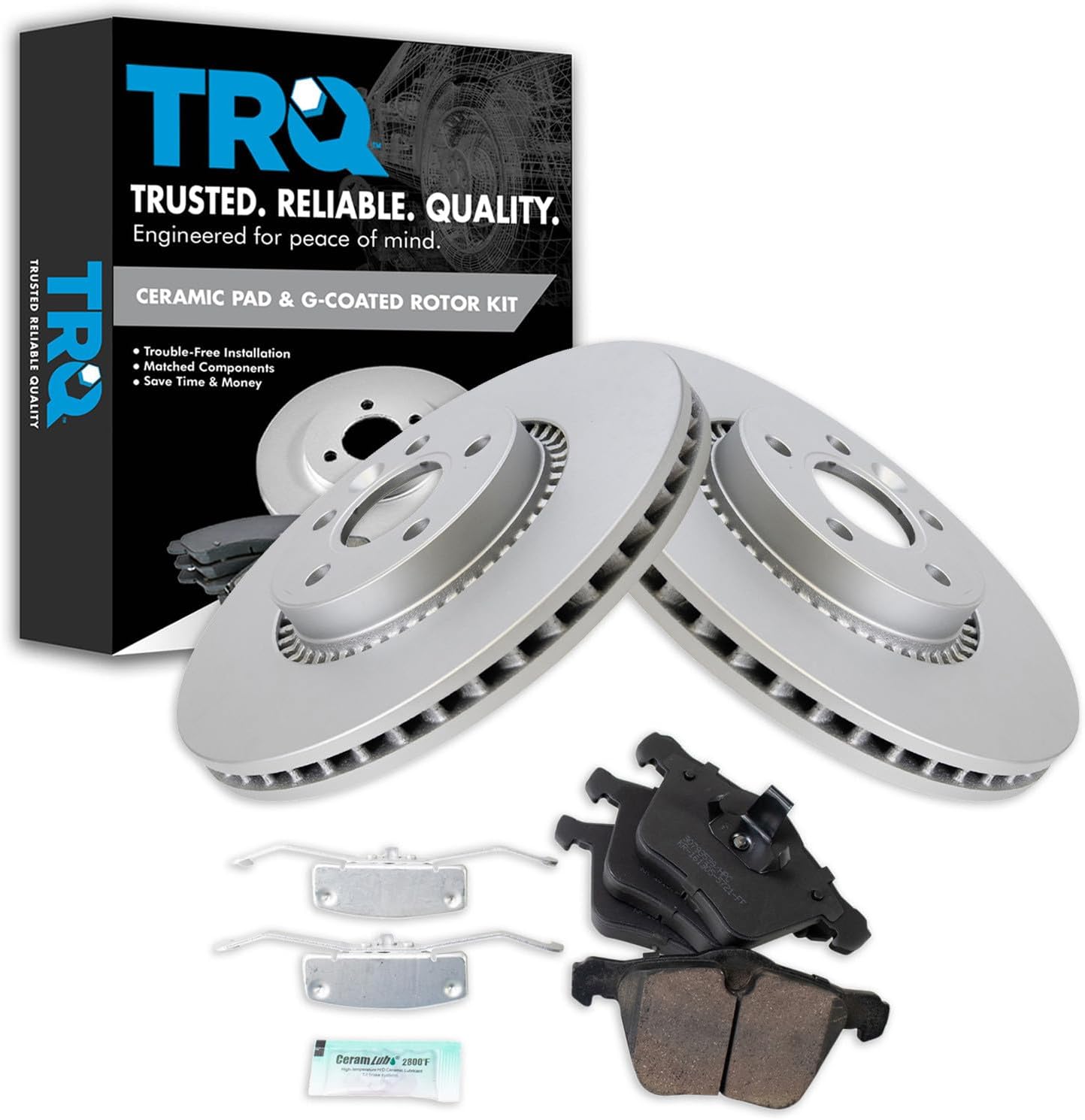 TRQ Front Brake Pad and Rotor Set Ceramic Coated Vented Rotors Compatible with 2008-2018 Volvo S60 S80 V60 V60 Cross Country V70 XC70 S60 Cross Country