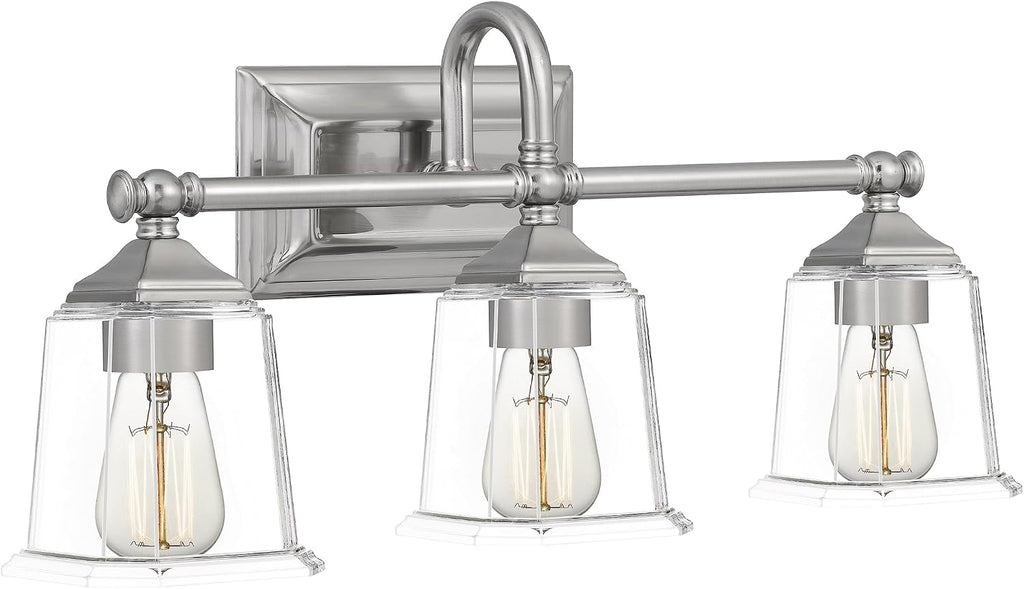 Quoizel Nicholas Vanity Lights, 22 Inch 3-Light Brushed Nickel Bathroom Lighting Fixtures Over Mirror, 100W, Clear Glass, Mid-Century Wall Mount Light for Bathrooms, Kitchen or Hallway