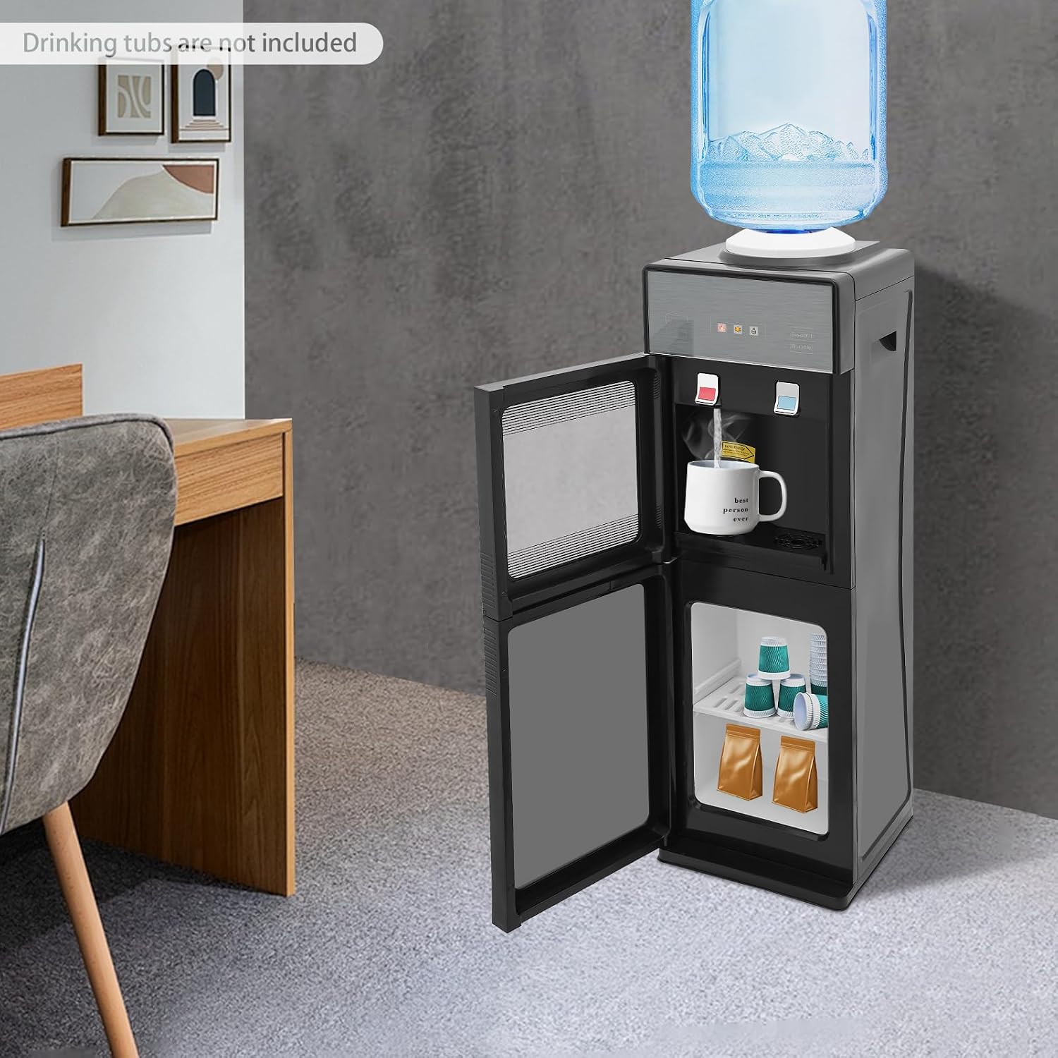 Bacocoo Freestanding Hot&Cold Water Dispenser for Home Office, Top Loading Water Dispenser with Hot,Cold Room Temp, Grey&Black Compact Space-Saving Design.