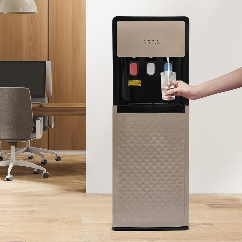 110V Bottom Loading Water Cooler Dispenser, Floor Standing Hot and Cold Water Dispenser with 3-Temperature Settings, Suitable for Home and Office (Champaign Gold)