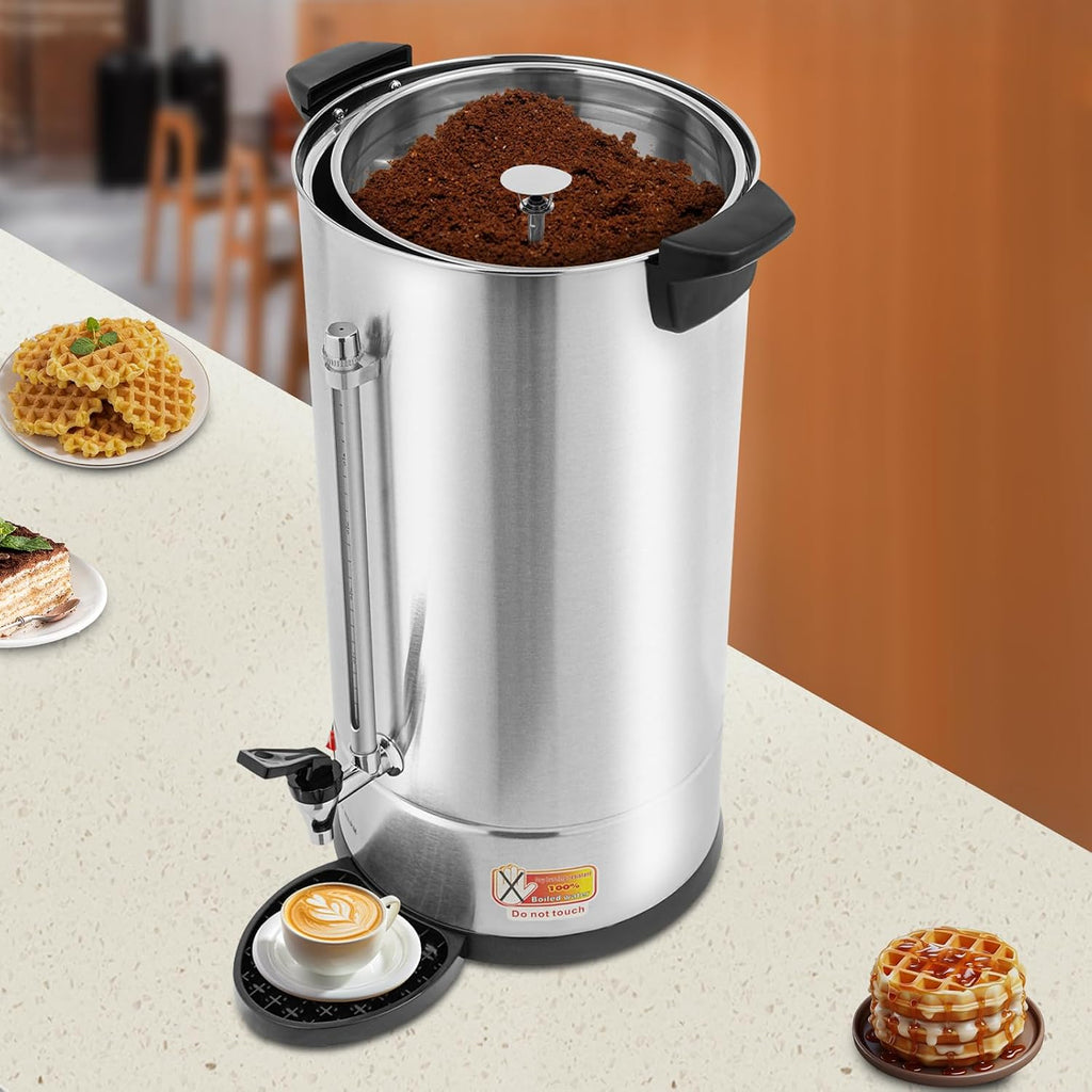 25L Stainless Steel Coffee Urn, Commercial Electric Hot Water Dispenser with Dripping Tray, No-Temp-Knob Silver Boiler for Catering Party Church Office, Large Capacity Percolator Brewer, Coffee Maker
