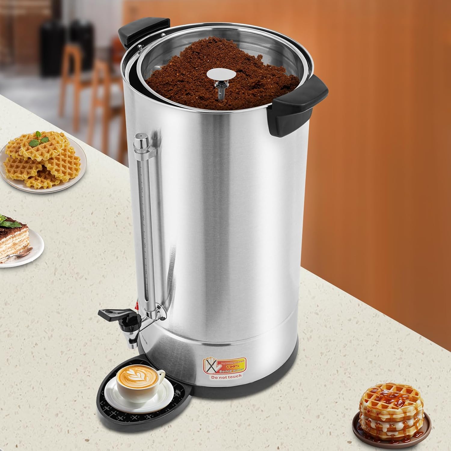 25L Stainless Steel Coffee Urn, Commercial Electric Hot Water Dispenser with Dripping Tray, No-Temp-Knob Silver Boiler for Catering Party Church Office, Large Capacity Percolator Brewer, Coffee Maker