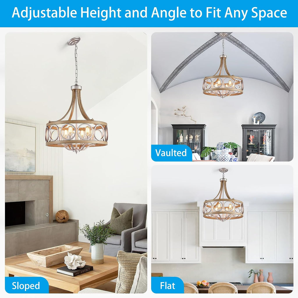XINGQI Brushed Nickel Dining Room Chandelier 6 Lights Modern Farmhouse Chandelier 21.7' Round Hanging Lighting Fixture Rustic Metal Drum Pendant Lamp for Entryway Bedroom Kitchen