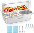 Countertop Ice Food Serving Display Container, Spice Display Salad Dressing Cooler, Stainless Steel Food Serving Tray Buffet Condiment Dispenser with Clear Roll Top Cover, Clamps, Spoons, Ice Packs