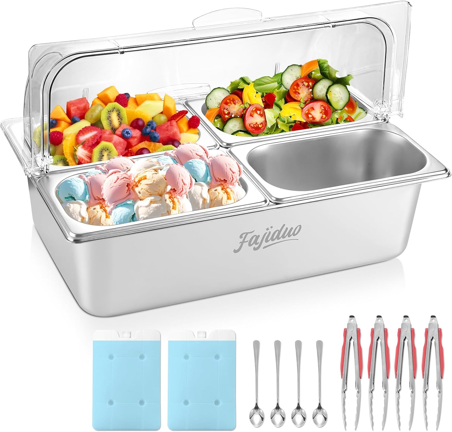 Countertop Ice Food Serving Display Container, Spice Display Salad Dressing Cooler, Stainless Steel Food Serving Tray Buffet Condiment Dispenser with Clear Roll Top Cover, Clamps, Spoons, Ice Packs
