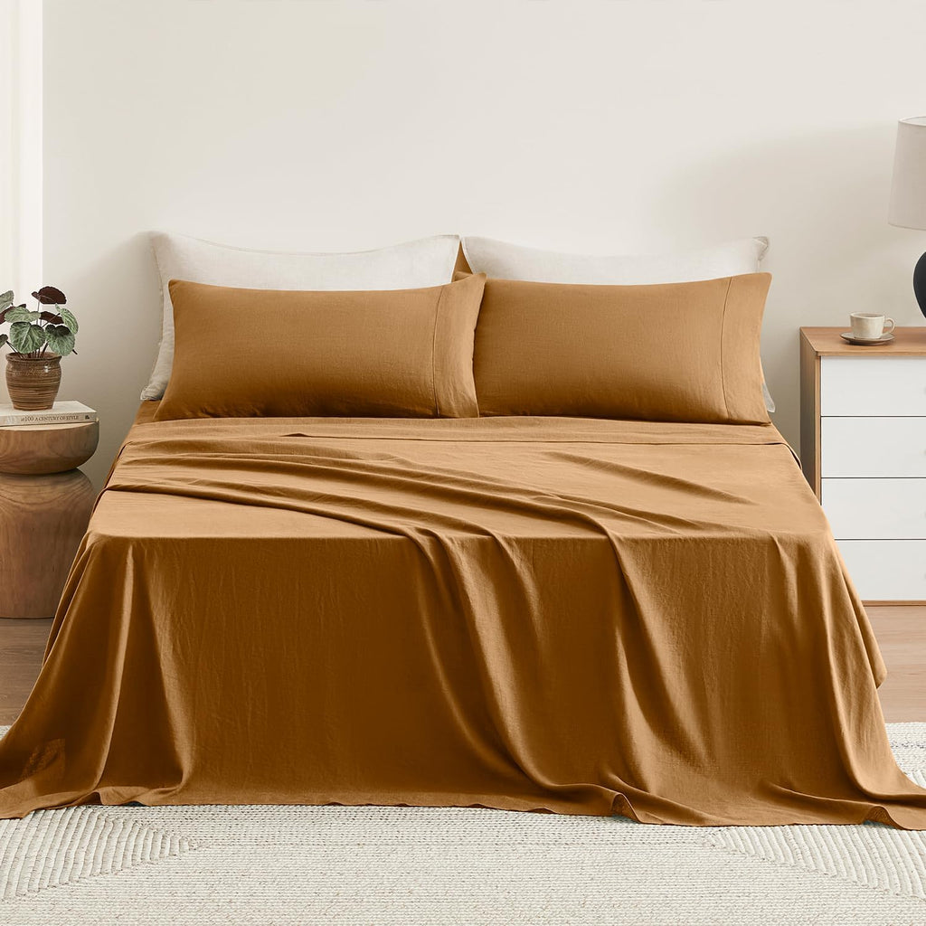 TOSMO Pure Linen Sheets Set, 100% French Natural Linen Flax Bedding 3pc Set (1 Flat Sheet, 1 Fitted Sheet, 1 Pillowcase) -Twin, Butternut