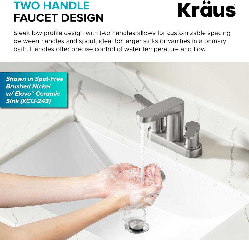 KRAUS Indy Centerset Bathroom Faucet in Matte Black with 2 Handles, Pop Up Drain and Supply Lines, FUS-14102MB