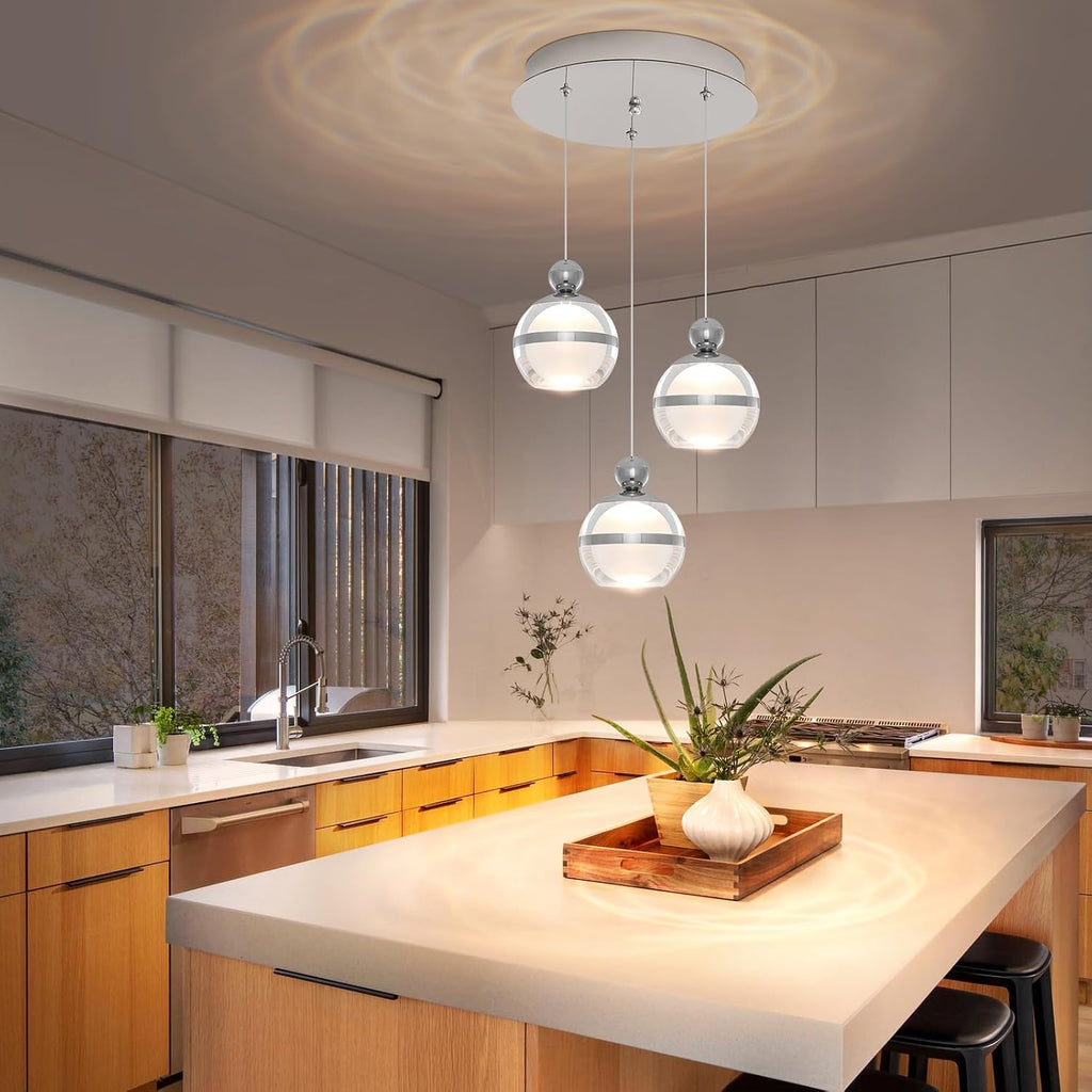 Cluster Acrylic Pendant Lighting, 3 Light Chrome Globe LED Hanging Pendant Light Fixtures with Dimmable, Modern Pendant Lights Kitchen Island for Dining Room Living Room Bedroom Stairs