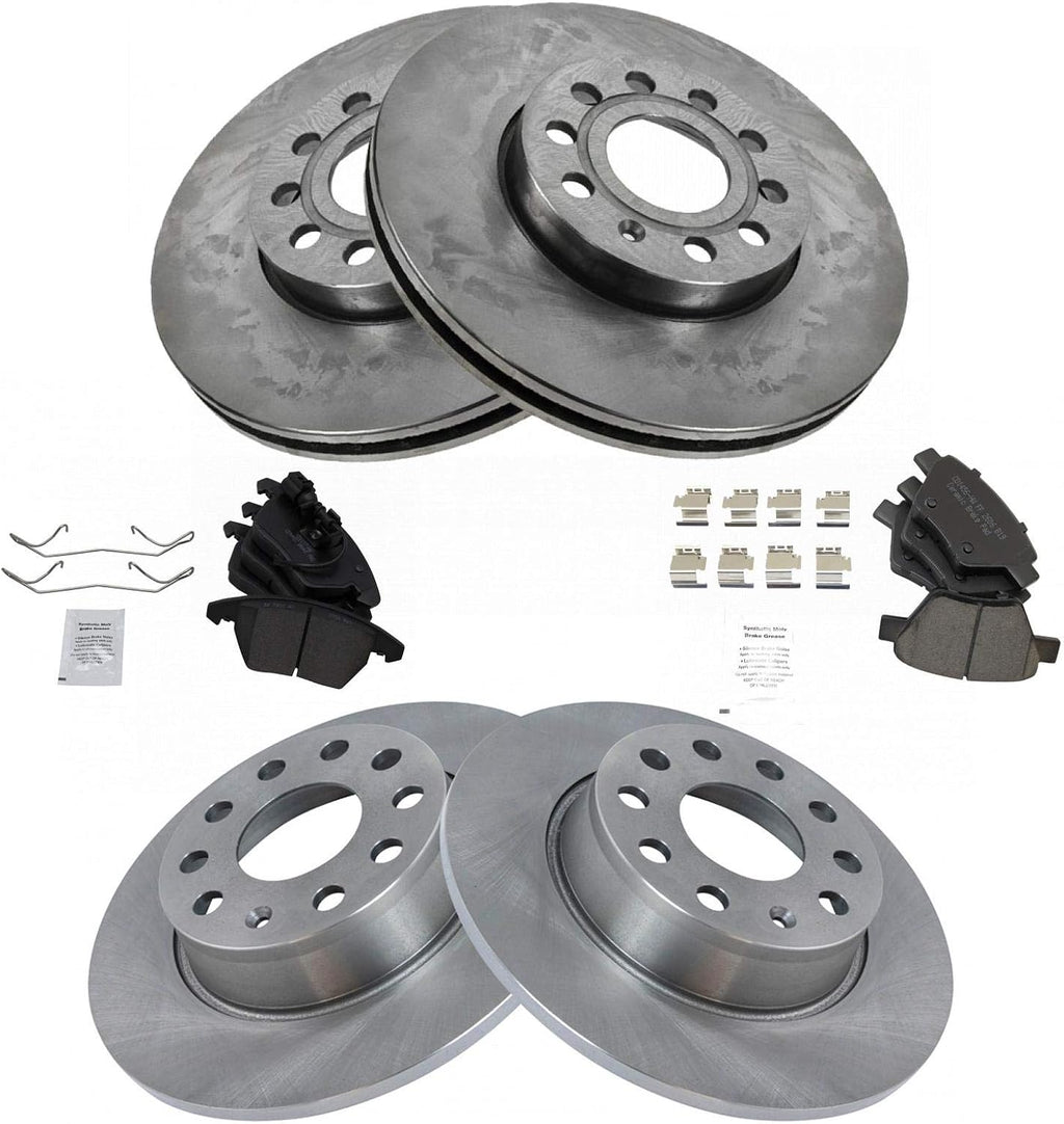 TRQ Front and Rear Ceramic Brake Pad and Rotor Set Compatible with 10-13 Audi A3 Quattro with 272mm Diameter Rear Rotors with 288mm Diameter Front Rotors, 12 Volkswagen Golf