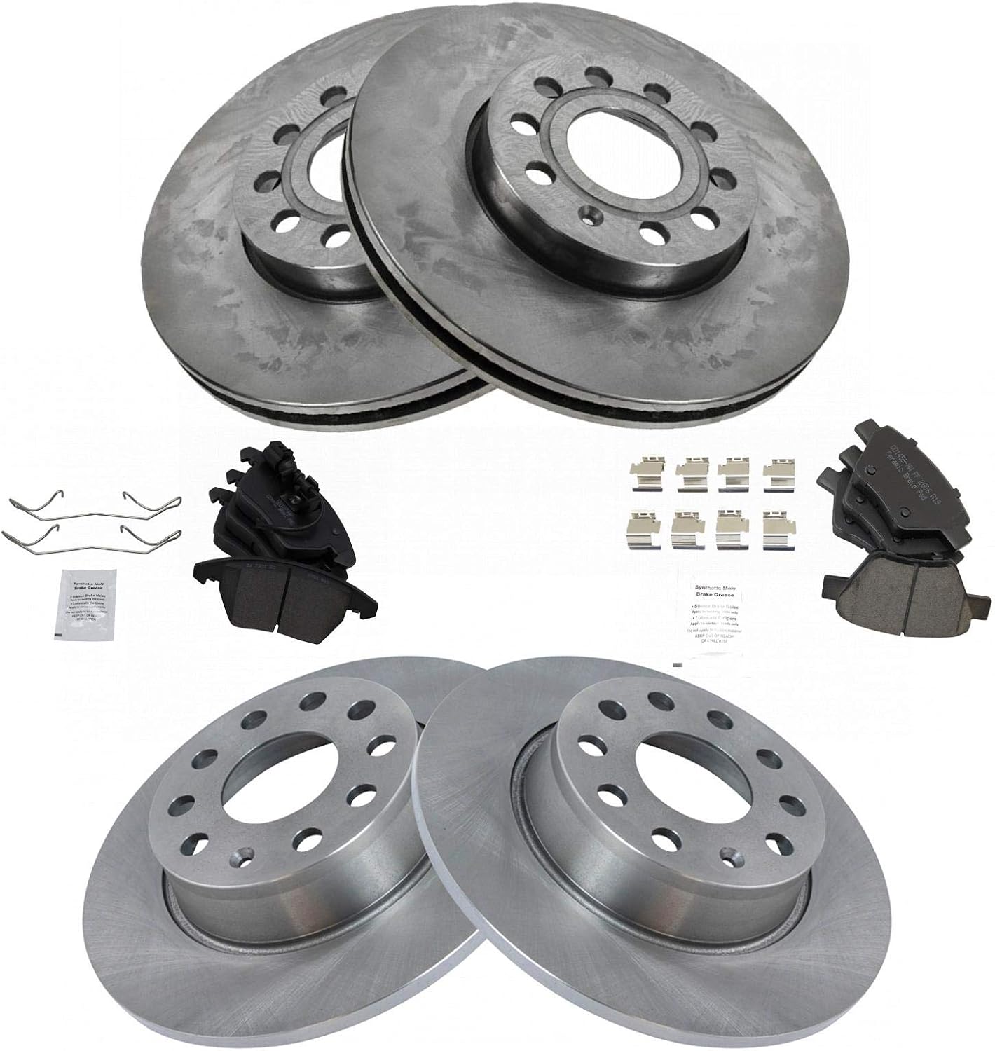 TRQ Front and Rear Ceramic Brake Pad and Rotor Set Compatible with 10-13 Audi A3 Quattro with 272mm Diameter Rear Rotors with 288mm Diameter Front Rotors, 12 Volkswagen Golf