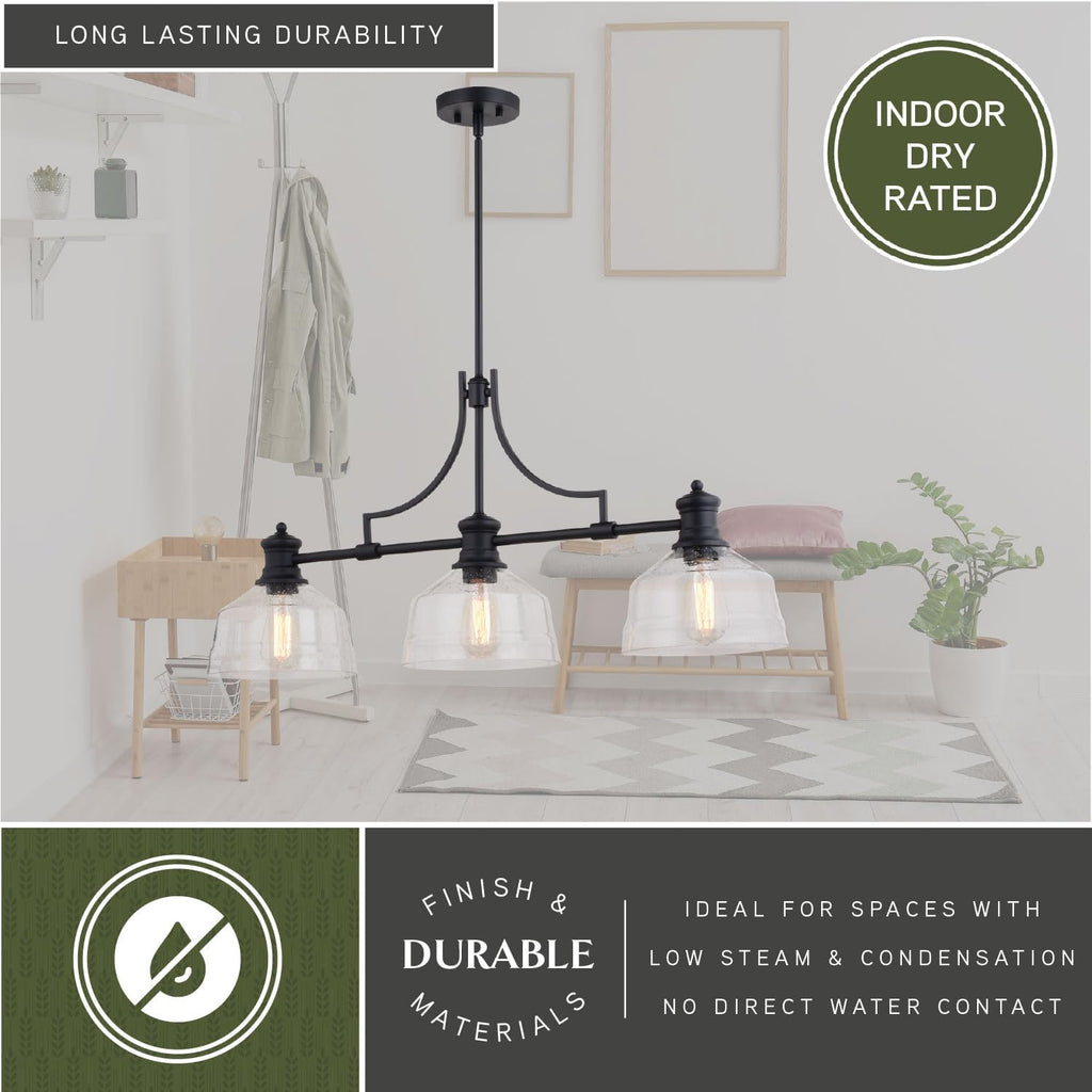 VAXCEL Beloit 3-Light, LED Compatible, Black Farmhouse Linear Chandelier, Island Pendant Light Fixture, Clear Seeded Glass, Matte Black Finish, Adjustable Height