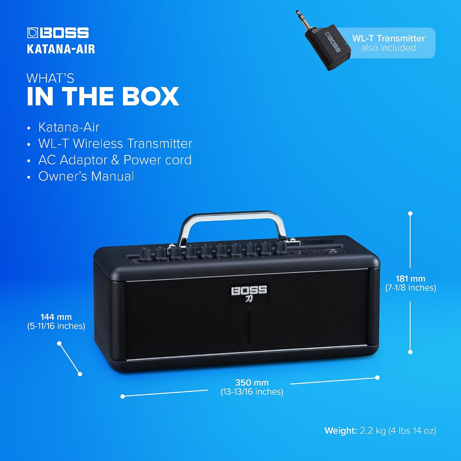 BOSS Katana-Air | Wireless Compact Desktop Amplifier for Guitar, Bass & Acoustic-Electric Guitar & Bass | 5 Amp Characters | Acclaimed Katana Amp & Effect Tones | WL-T Transmitter with Motion Sensing
