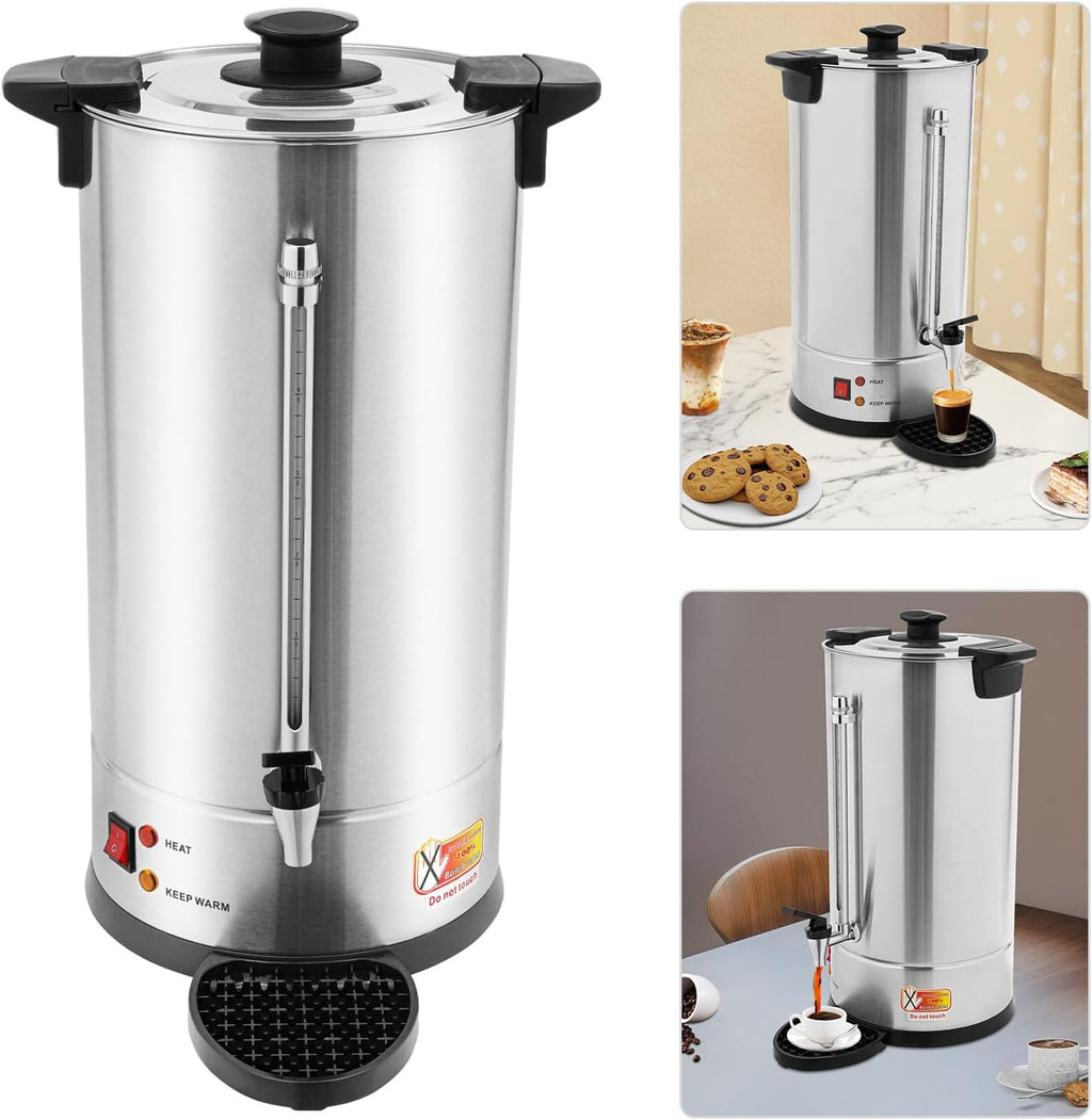25L Stainless Steel Coffee Urn, Commercial Electric Hot Water Dispenser with Dripping Tray, No-Temp-Knob Silver Boiler for Catering Party Church Office, Large Capacity Percolator Brewer, Coffee Maker