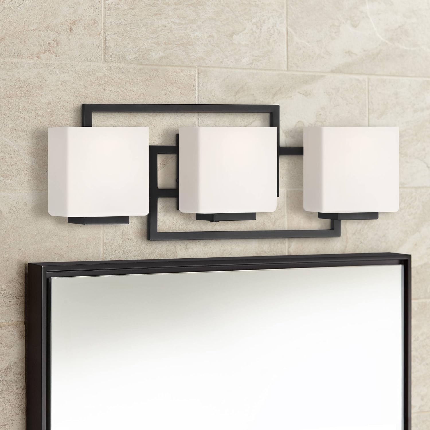 Possini Euro Design Lighting on the Square Modern Wall Mount Light Matte Black Aluminum Hardwired 21' 3-Light Fixture Opal Glass Shade for Bathroom Vanity Mirror House Living Room Home Hallway