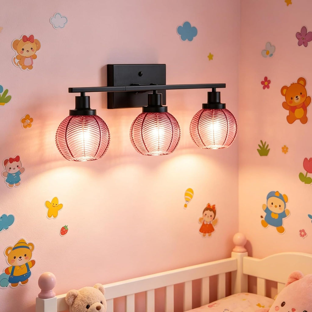 3-Light Pink Globe Bathroom Vanity Light Vintage Wall Sconce | 3-Light Vanity Light, Pink Ribbed Globe Glass Shades, E26, Soft Glow Mirror Lighting For Master Bath, Powder Room, Bathroom