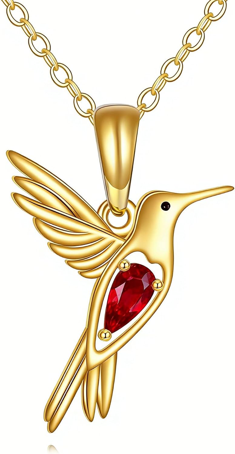 DOVRAN Real Solid Gold Birthstone Butterfly/Dragonfly/Bee/Hummingbird Necklace for Women Yellow Gold Animal Pendant for Christmas Dainty Jewelry Birthday Gifts for Mom Wife