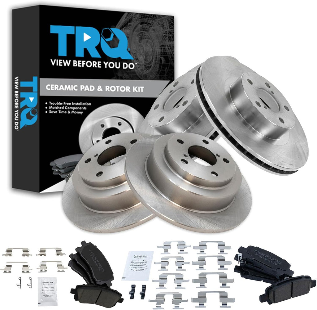 TRQ Front and Rear Ceramic Brake Pad and Rotor Set Compatible with 98–02 Subaru Forester 99–01 Subaru Impreza RS