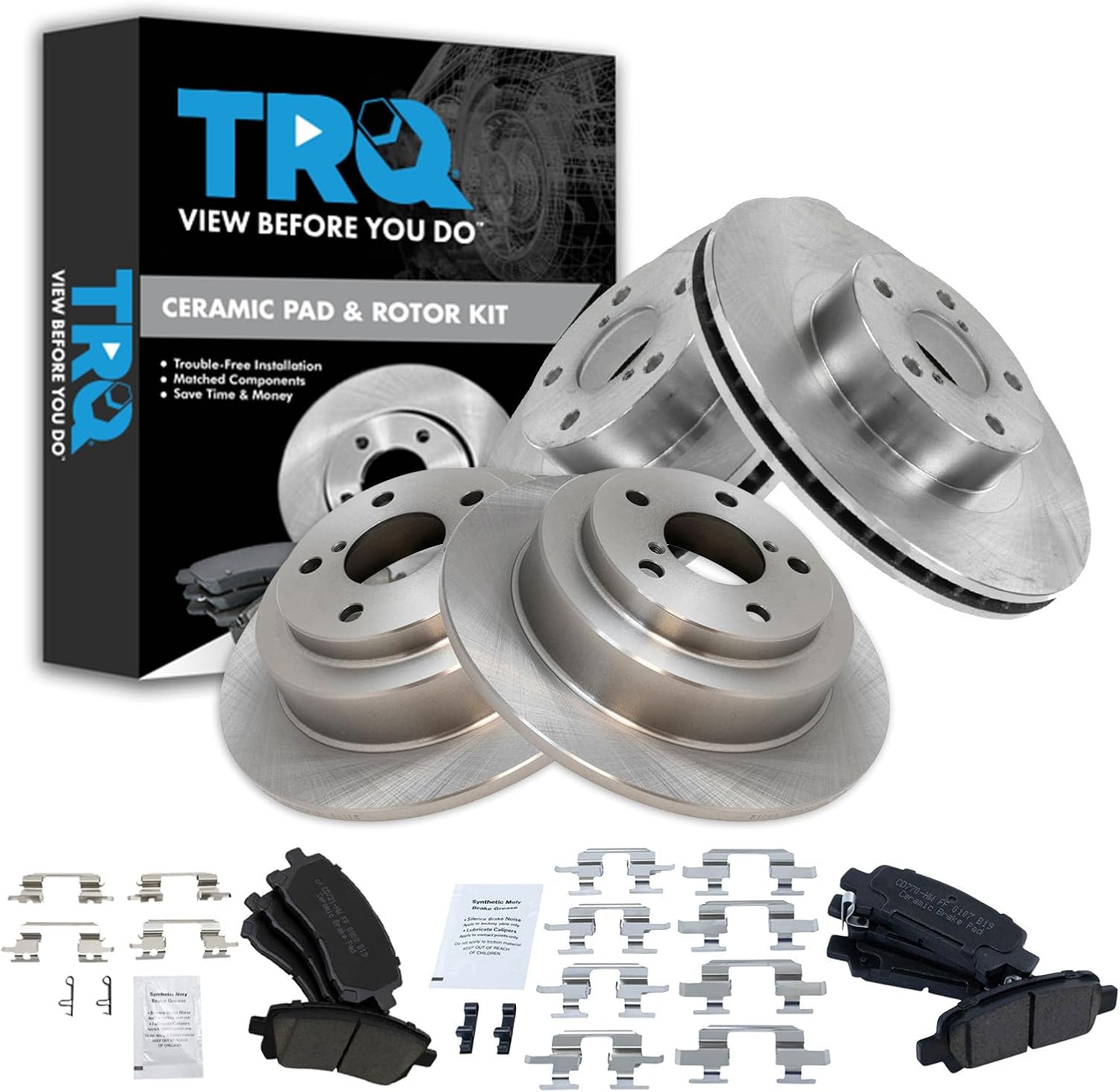 TRQ Front and Rear Ceramic Brake Pad and Rotor Set Compatible with 98–02 Subaru Forester 99–01 Subaru Impreza RS