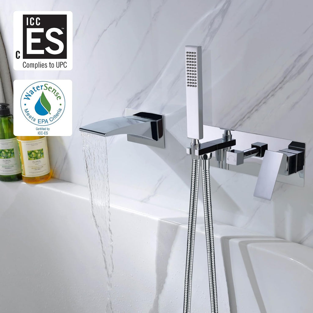 SUMERAIN Wall Mount Tub Faucets, Waterfall Tub Filler Spout with Hand Shower