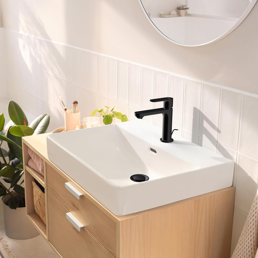 hansgrohe Rebris S Bathroom Faucet, 1 Hole, Single Handle, Bathroom Sink Faucet for Vanity with Pop-Up Drain Assembly, 1.2 GPM, Matte Black, 72517671