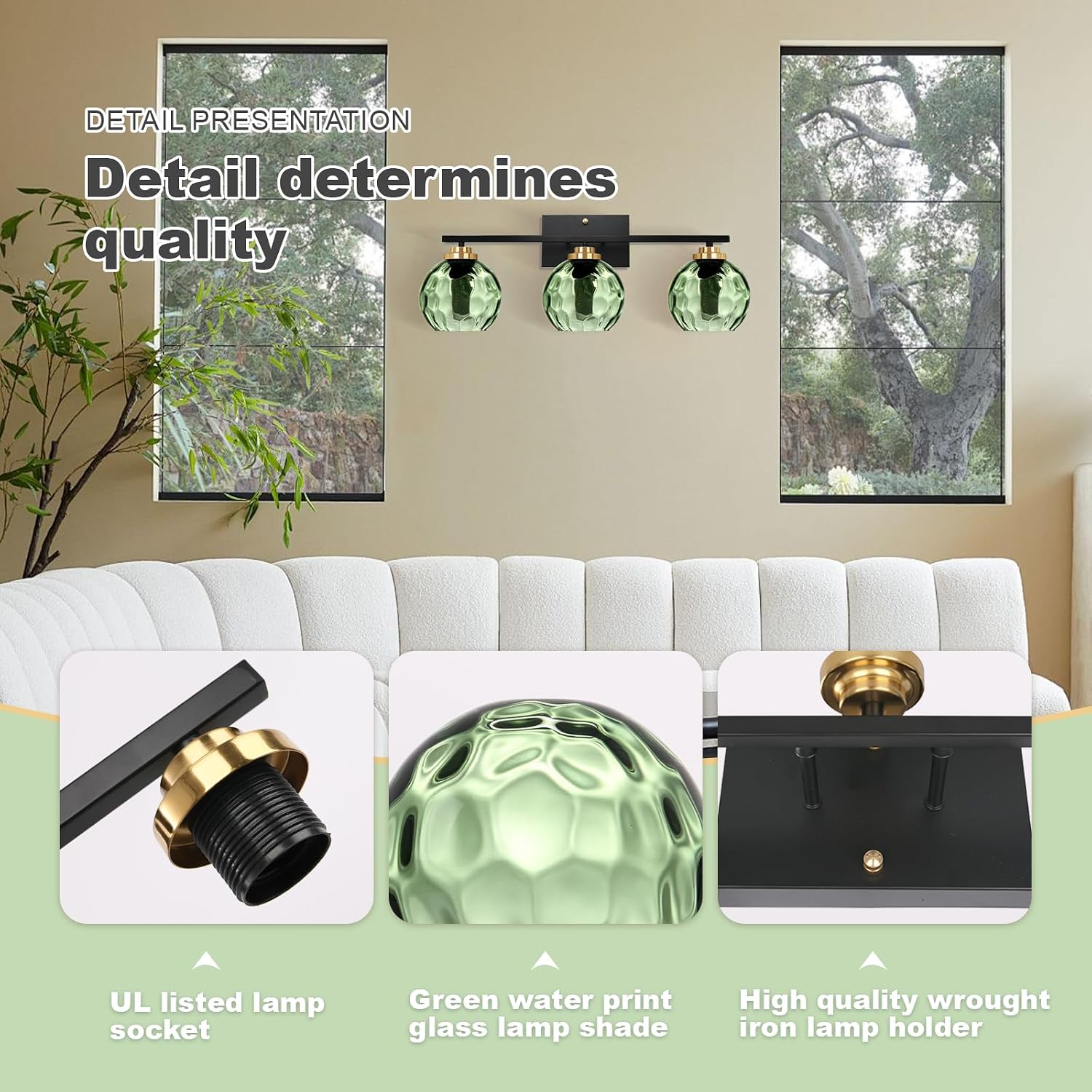 Glass Bathroom Vanity Light Matte Black Mid Century Wall Light Fixtures 3-Light 23.6 Inch Green Globe Shade Indoor Green Glass Wall Sconce for Bedroom Hallway Bedside