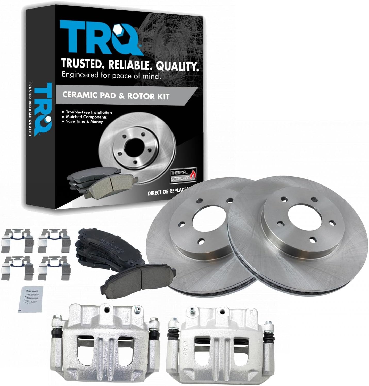 TRQ Front Brake Pad and Rotor Set Ceramic Vented Rotors Calipers Compatible with 2005-2006 Chevrolet Equinox 2006 Pontiac Torrent 2004-2007 Saturn Vue