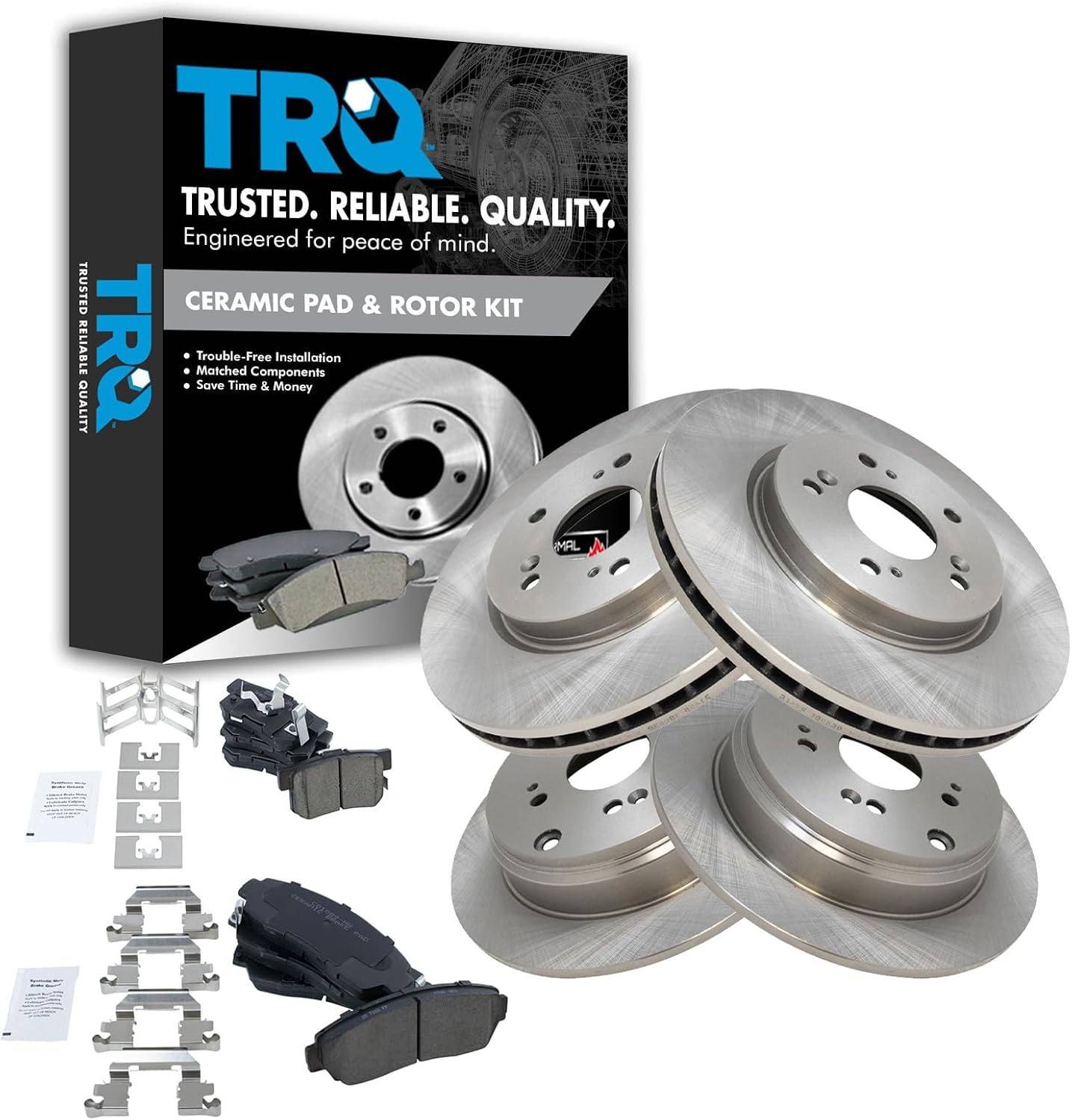 TRQ Front and Rear Brake Pad and Rotor Set Ceramic Vented Rotors Compatible with 2010-2012 Acura RDX 2007-2011 Honda CR-V