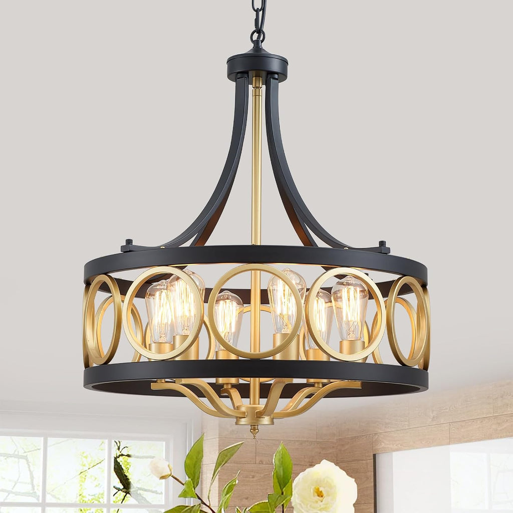 XINGQI 22' Black Gold Chandeliers for Dining Room Drum 6-Light Modern Pendant Lighting Fixture Over Table Rustic Metal Round Adjustable Height Hanging Lamp for Living Room Kitchen Island