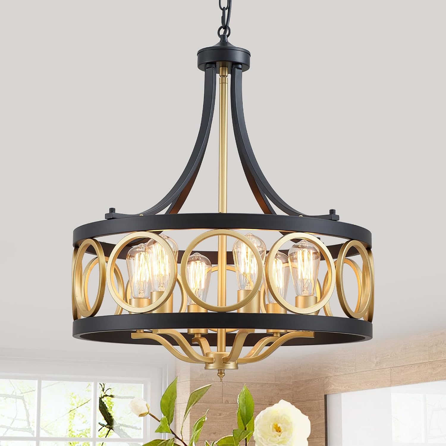 XINGQI 22' Black Gold Chandeliers for Dining Room Drum 6-Light Modern Pendant Lighting Fixture Over Table Rustic Metal Round Adjustable Height Hanging Lamp for Living Room Kitchen Island