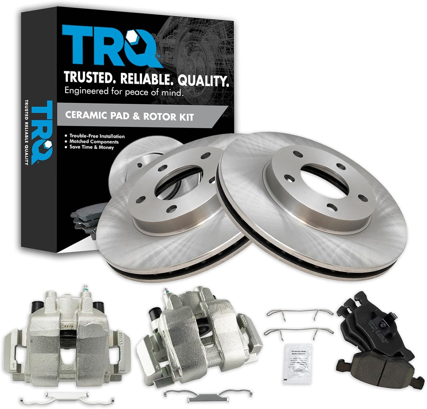 TRQ Front Brake Pad and Rotor Set Ceramic Vented Rotors Calipers Compatible with 2007 Mercury Mariner