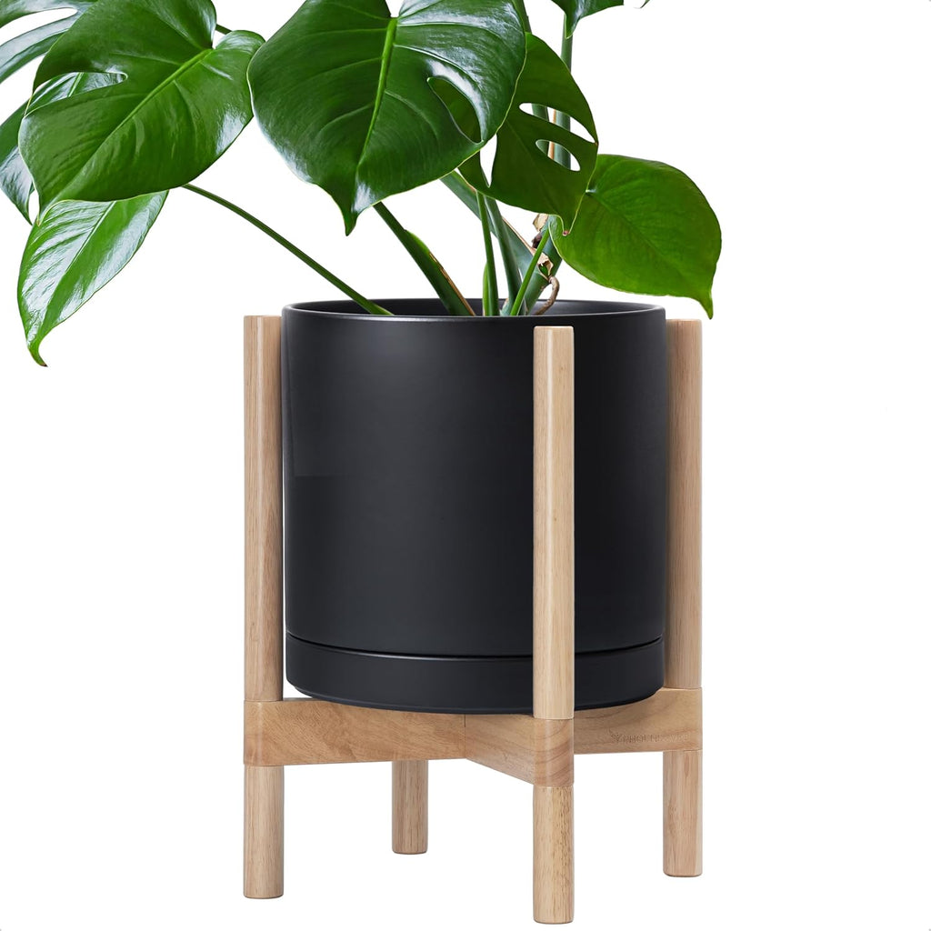 D'vine Dev Ceramic Planter with Natural Stand - 12 Inch Modern Round Flower Pot with Wood Planter Holder, Black, 55-B-J-2