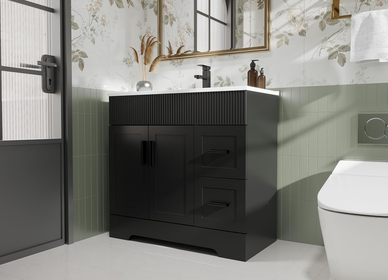 eclife 36' Bathroom Vanities Sink Combo with Painted Surface, Modern Drawered Cabinet W/Decorative Wave Lines, Undermount Single White Sink, Matte Black Faucet Drain, Black