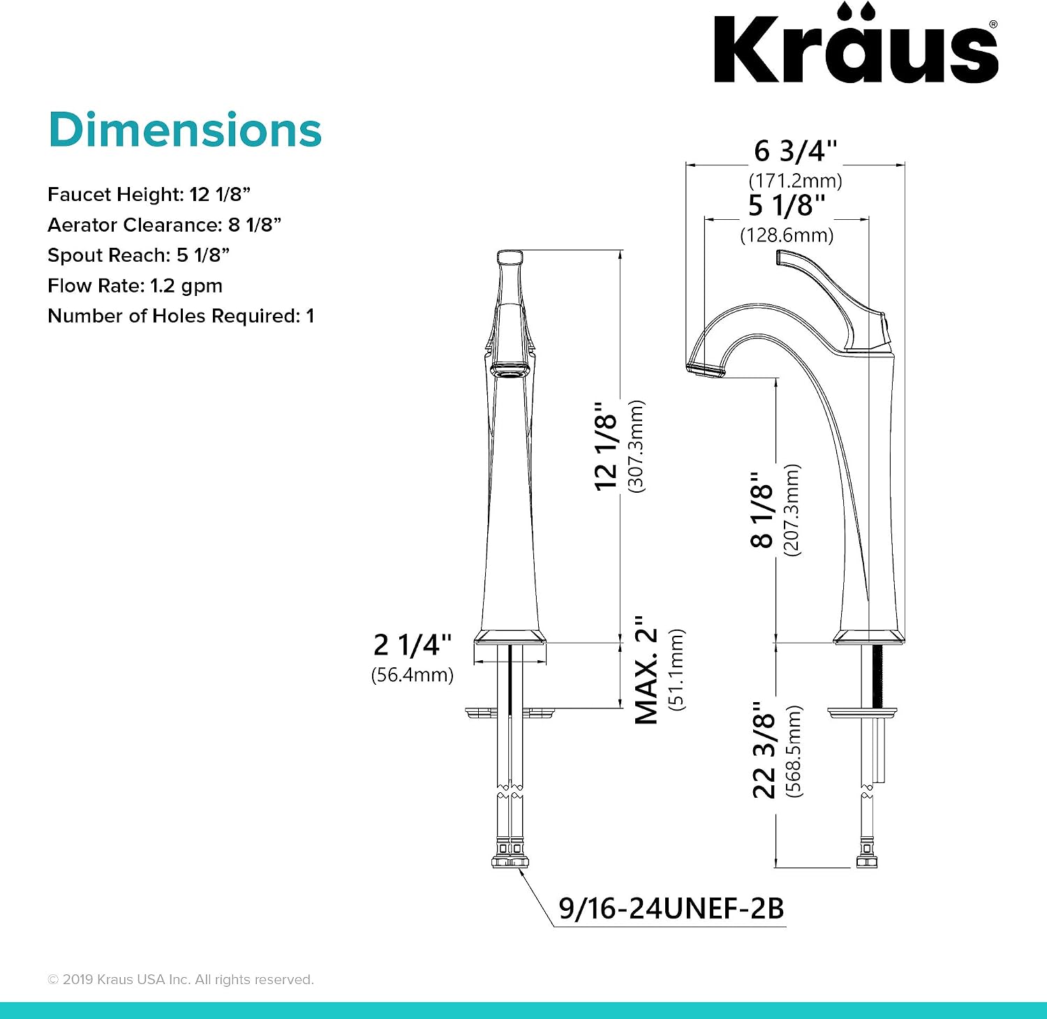 KRAUS KVF-1200BG Arlo™ Brushed Gold Tall Vessel Bathroom Faucet with Pop-Up Drain