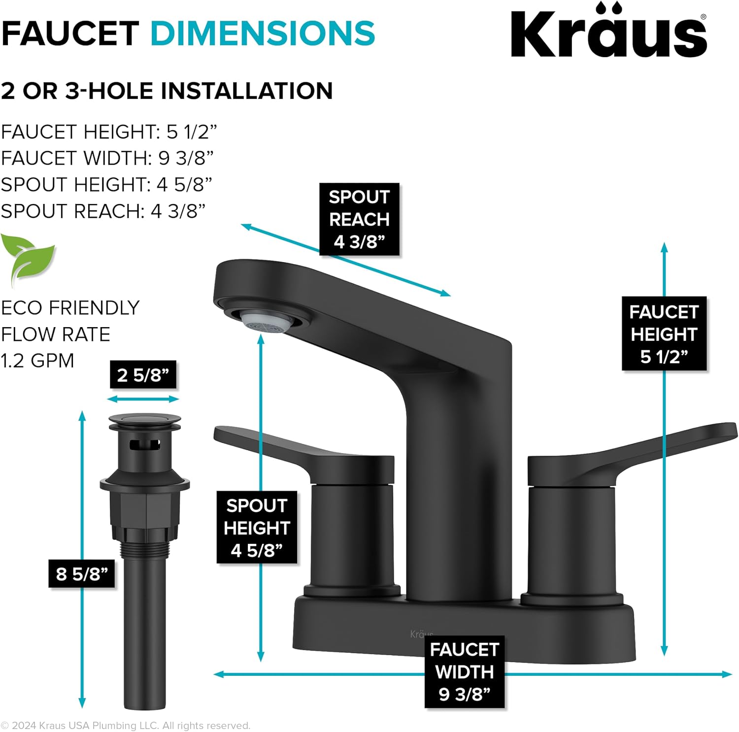 KRAUS Indy Centerset Bathroom Faucet in Matte Black with 2 Handles, Pop Up Drain and Supply Lines, FUS-14102MB