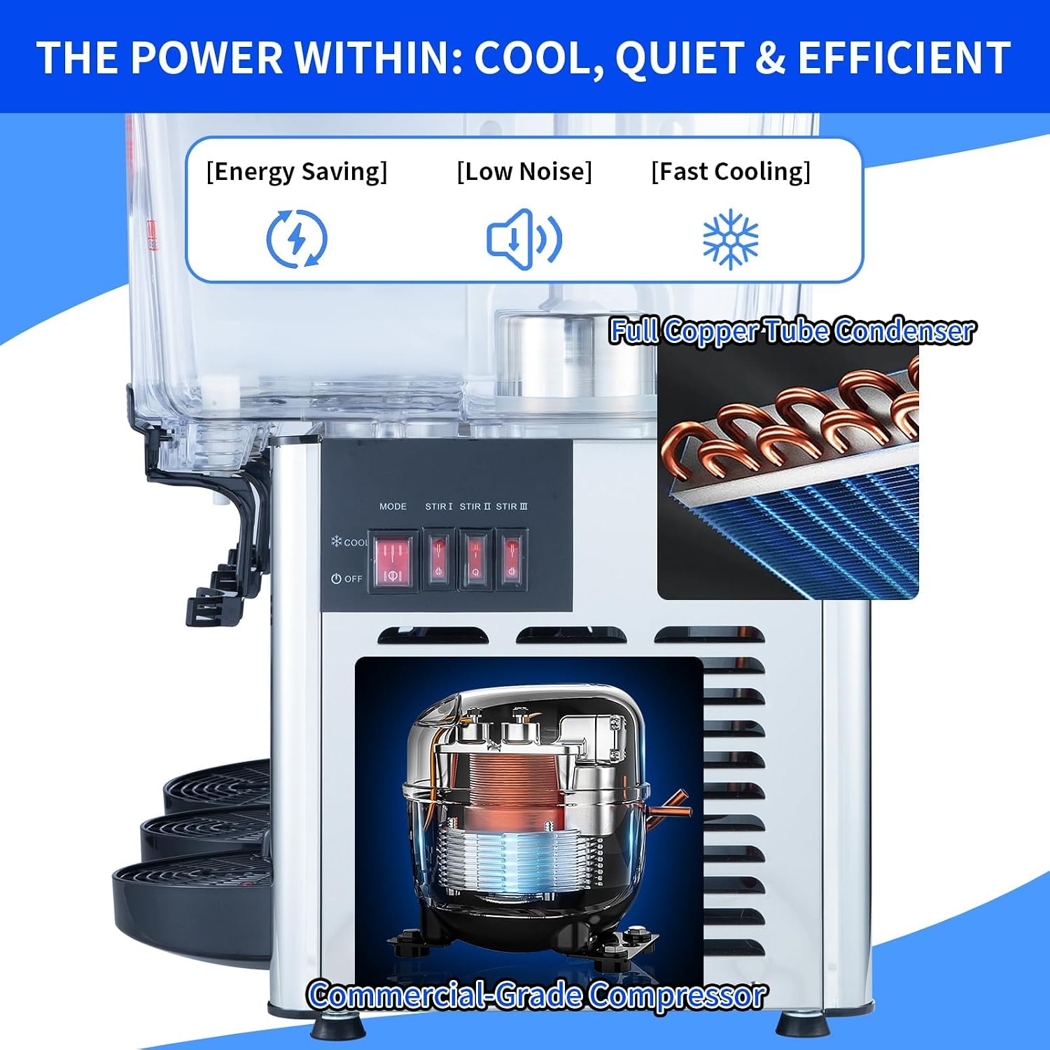 Commercial Beverage Dispenser 54L 14.3 Gal Triple Tank Refrigerated Drink Machine 400W Stainless Steel Cold Juice Dispenser with LED Lighting and 360 Degree Stirrer 110V