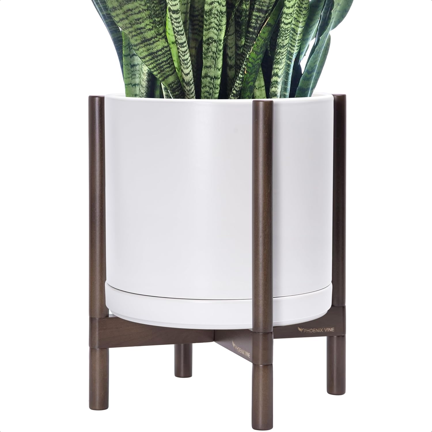 D'vine Dev Ceramic Planter with Walnut Color Stand - 14 Inch Modern Round Flower Pot with Wood Planter Holder, White, 55-B-T-1