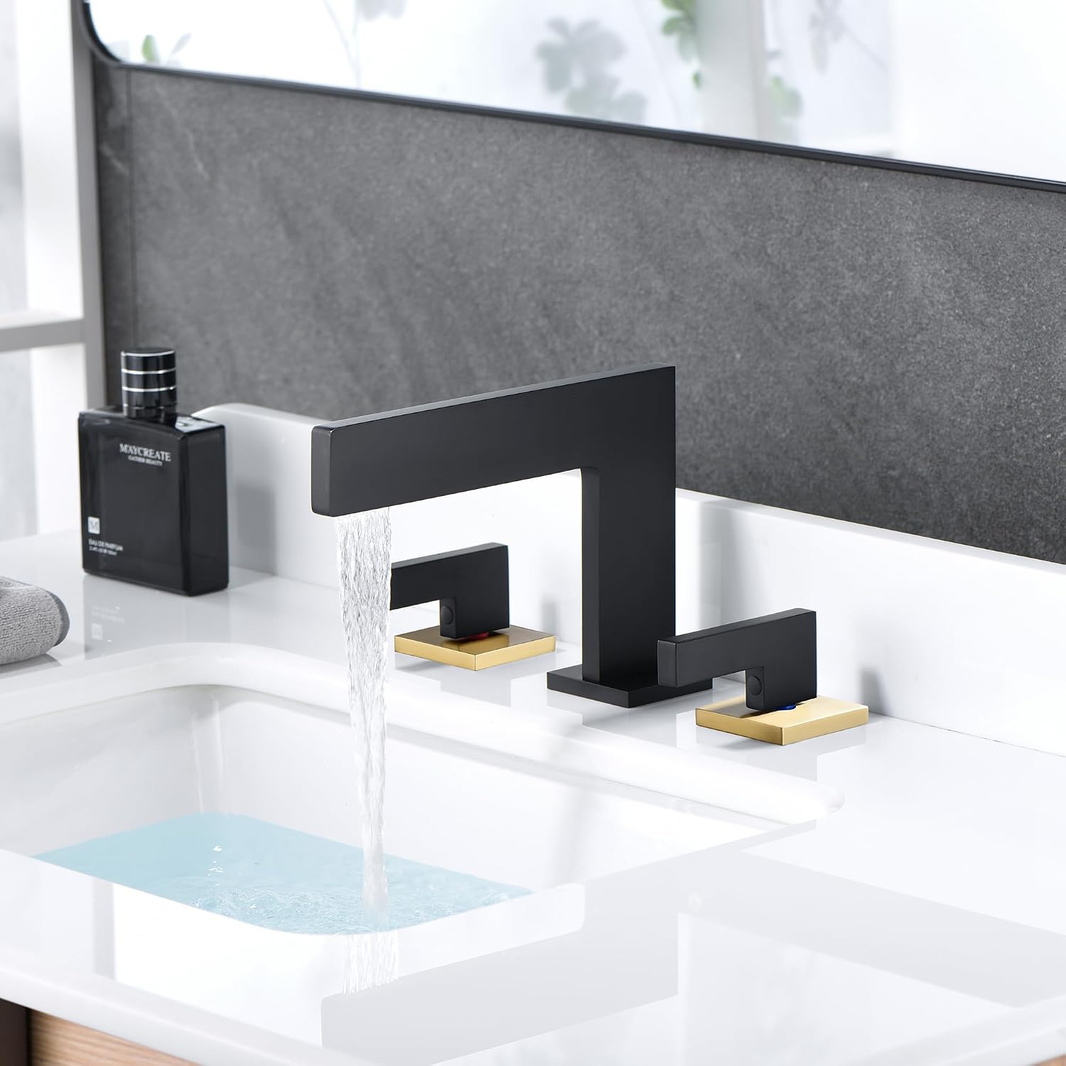 Sumerain Widespread 8 inch Bathroom Faucet, Black and Gold Bathroom Sink Faucet, 3 Hole 2 Knob Handle Waterfall Bathroom Faucet